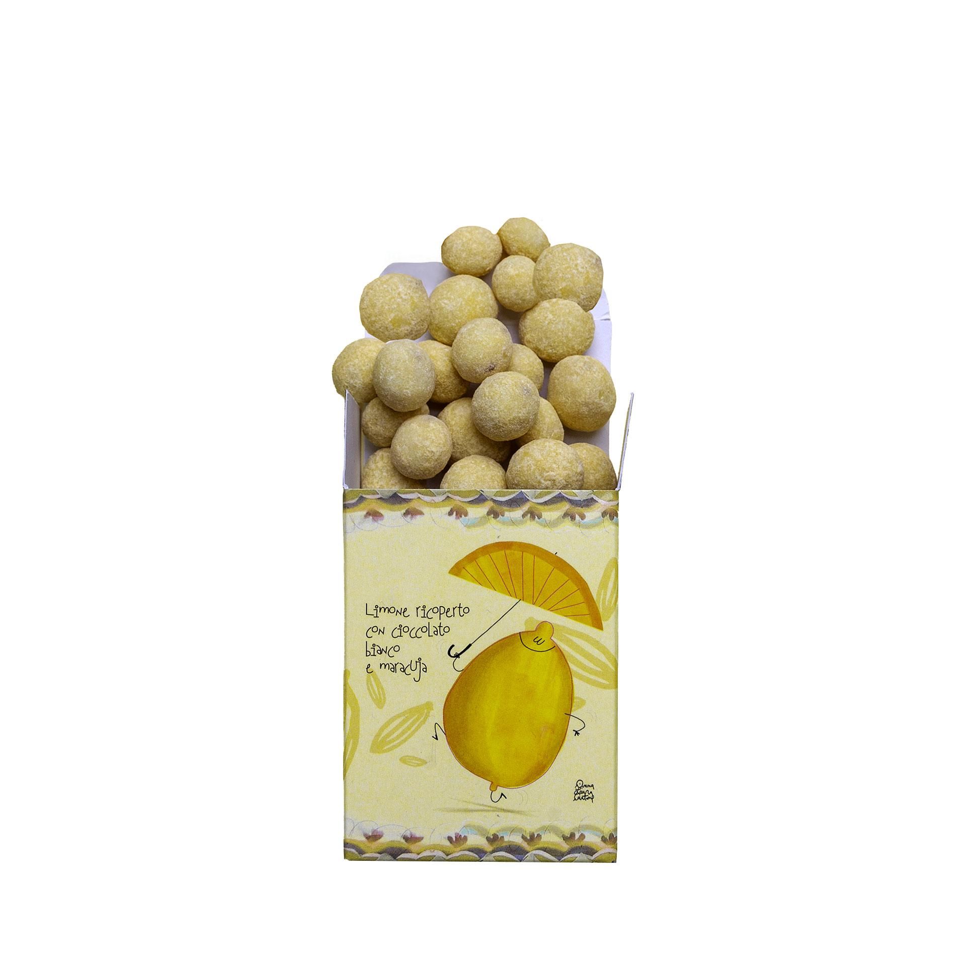 Biglie di Cioccolato bianco limone e maracuja 95Gr - fronte